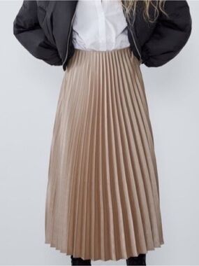Zara Pleated Satin-Effect Midi Skirt in Taupe Beige
